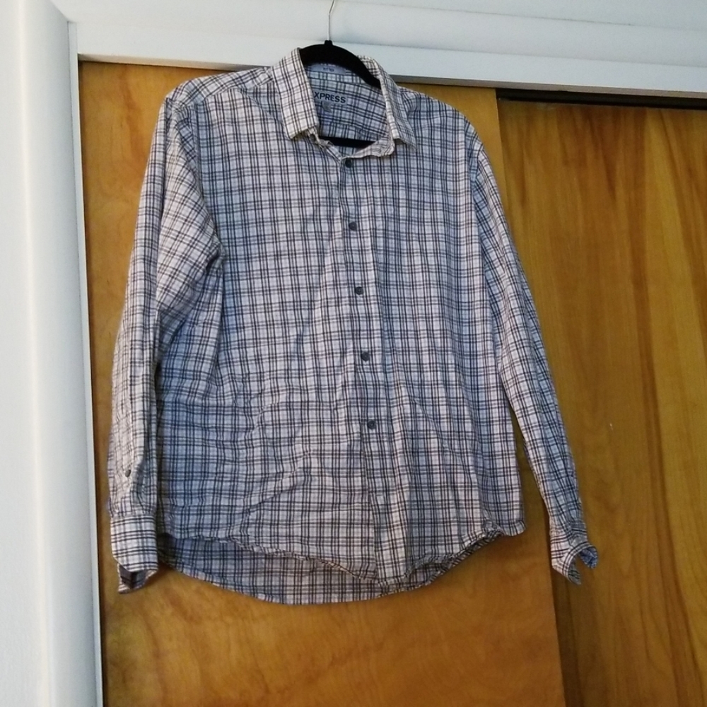 Express Fitted Button Up Shirt, multi grey checked